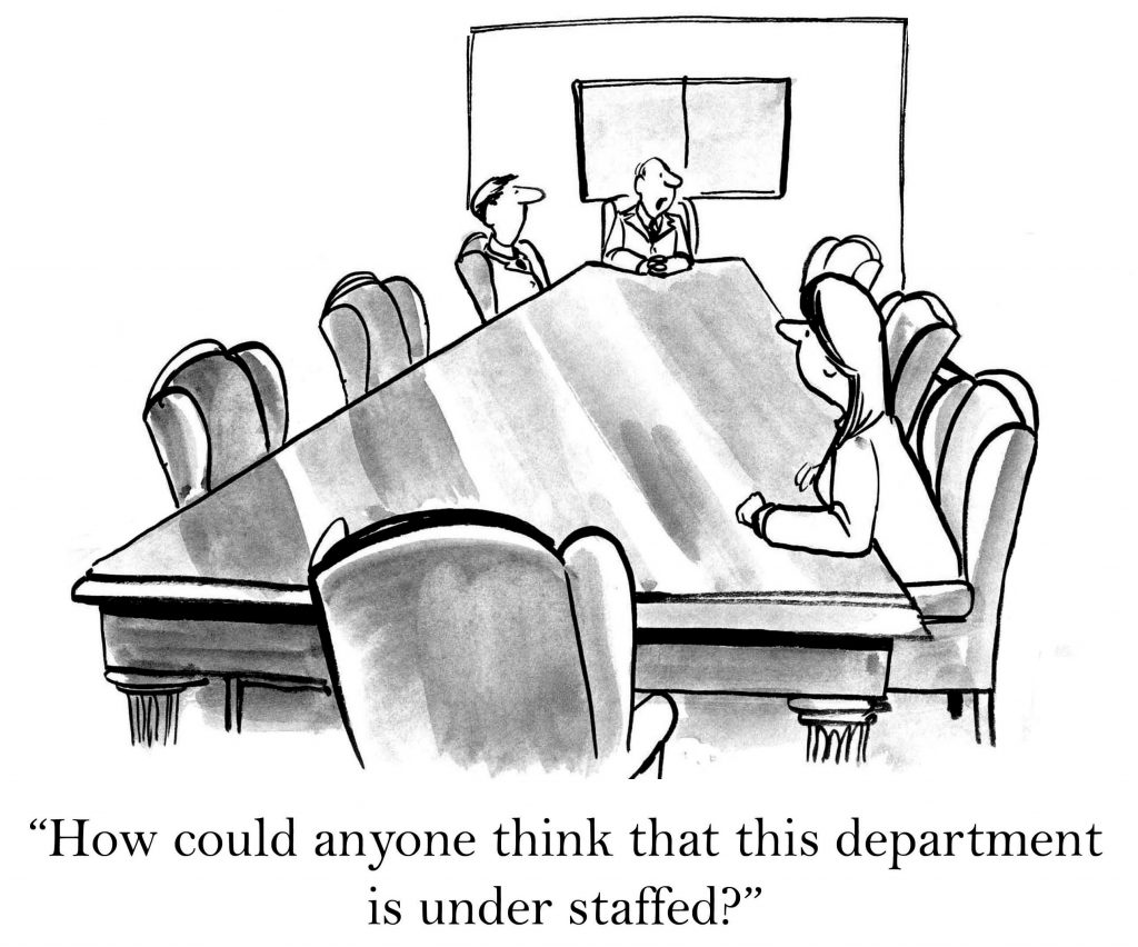 Cartoon lampooning typical staffing shortage problem at companies.