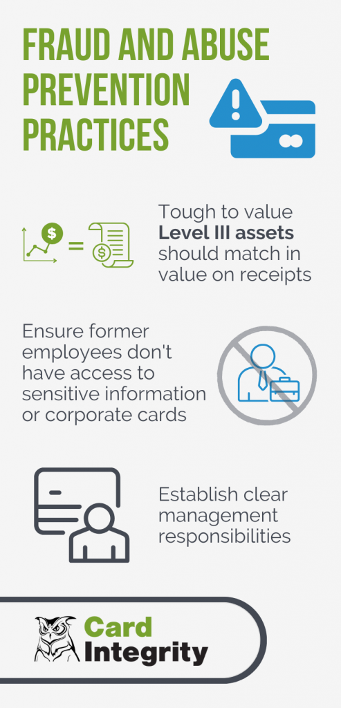 Fraud and abuse prevention practices:
Tough to value Level III assets should match in value on receipts.
Ensure former employees don't have access to sensitive information or corporate cards.
Establish clear management responsibilities.