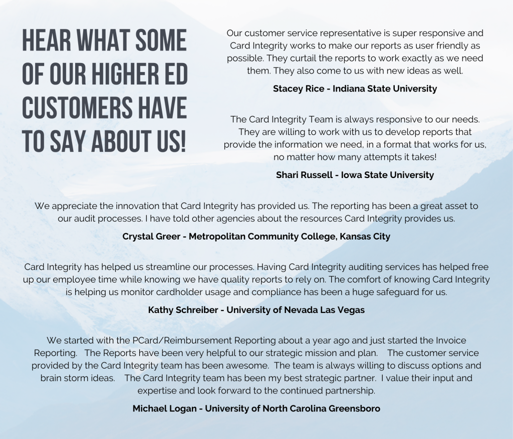 Card Integrity higher education client testimonials.
